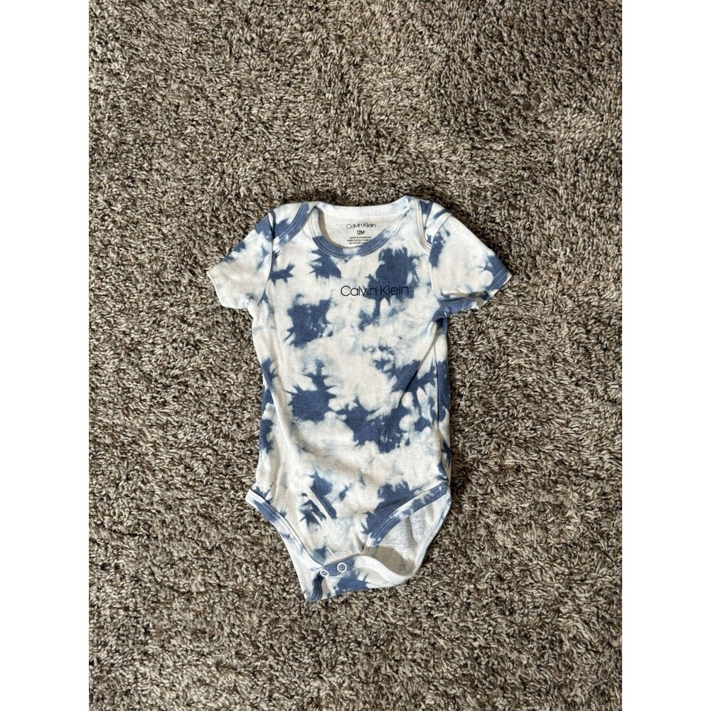 Calvin Klein Baby Bodysuit 12M Blue Tie Dye Logo Short Sleeve One Piece